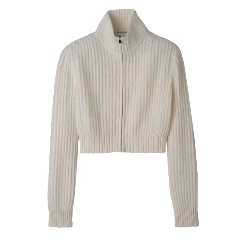 Zip collar short cardigan Ecru - Knit